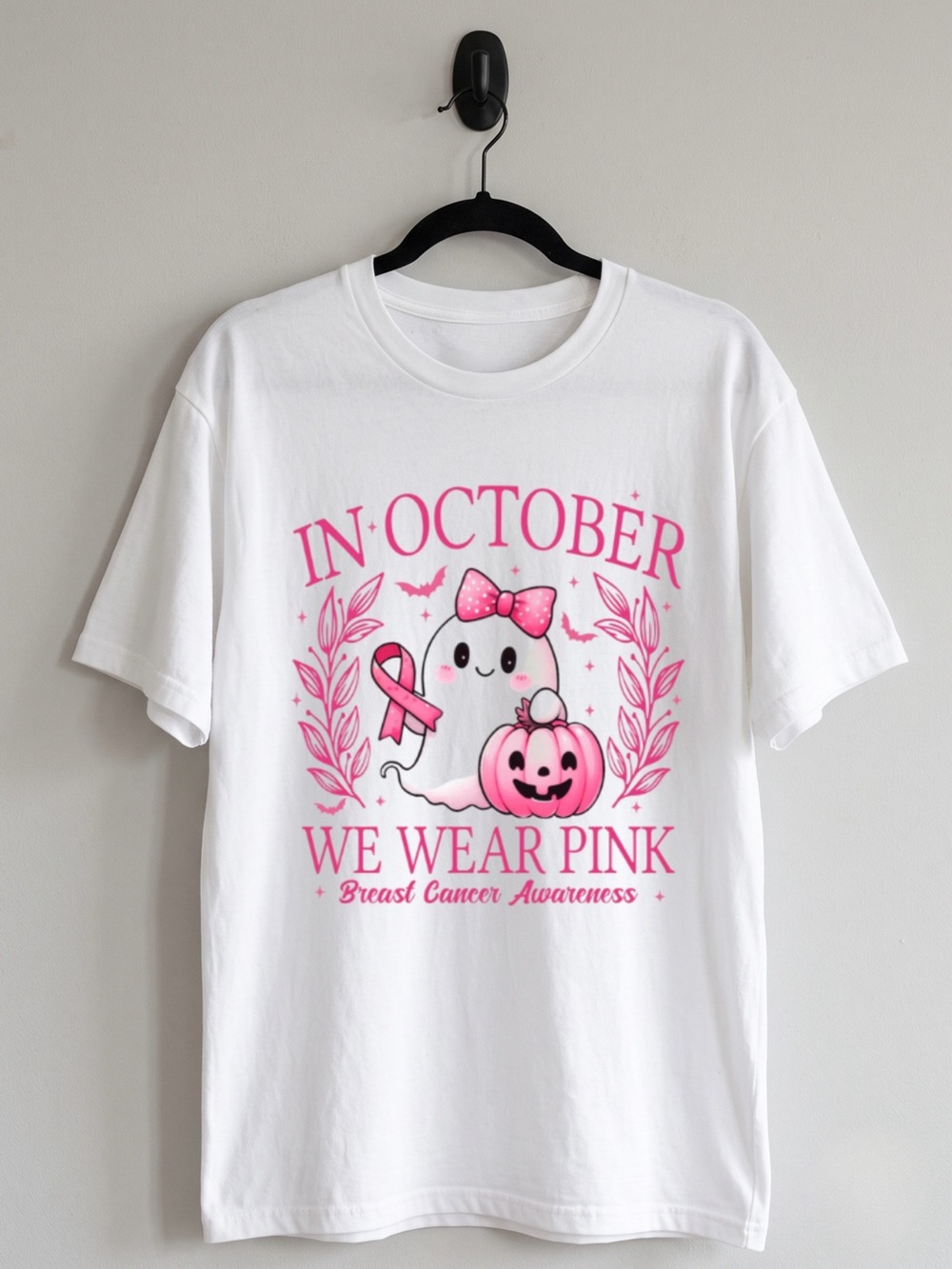 In October We Wear Pink Breast Cancer Awareness Coquette Ghost Graphic Shirt